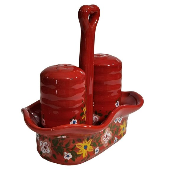 Handcrafted Ceramic Red Salt And Pepper Shakers With Caddy - Picture 9 of 16
